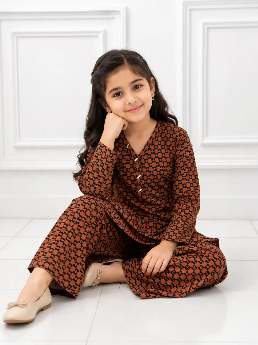 2 Pcs Girl's Stone Linen Printed Frock And Trouser Set