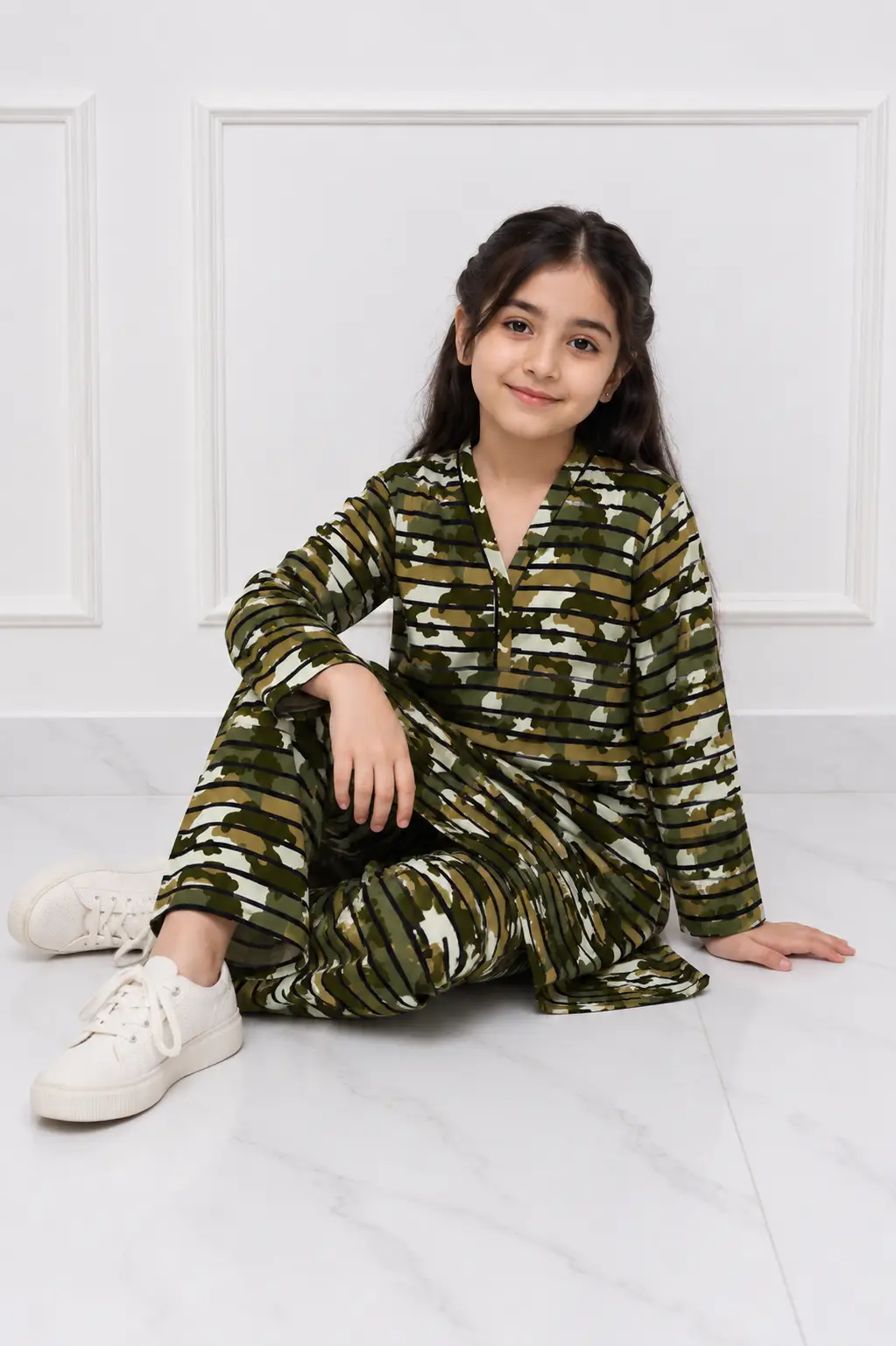 2 Pcs Girl's Stone Linen Printed Frock And Trouser Set