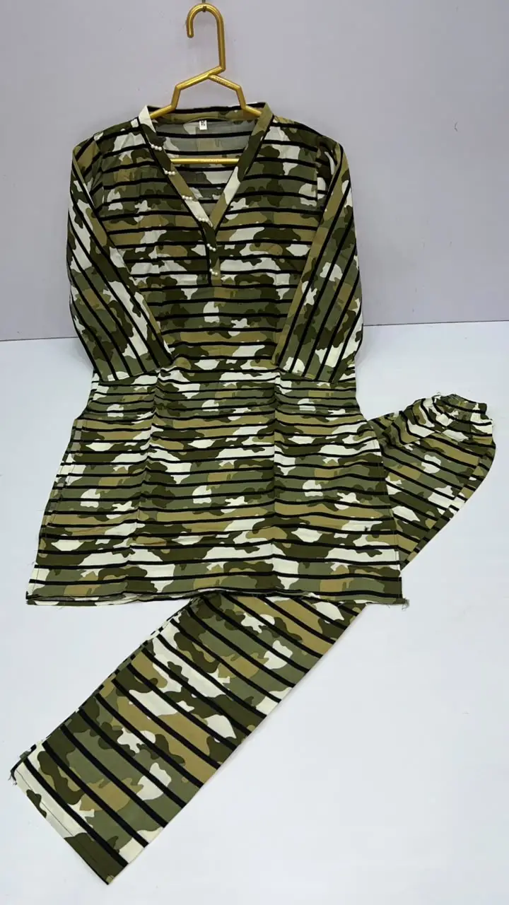 2 Pcs Girl's Stone Linen Printed Frock And Trouser Set