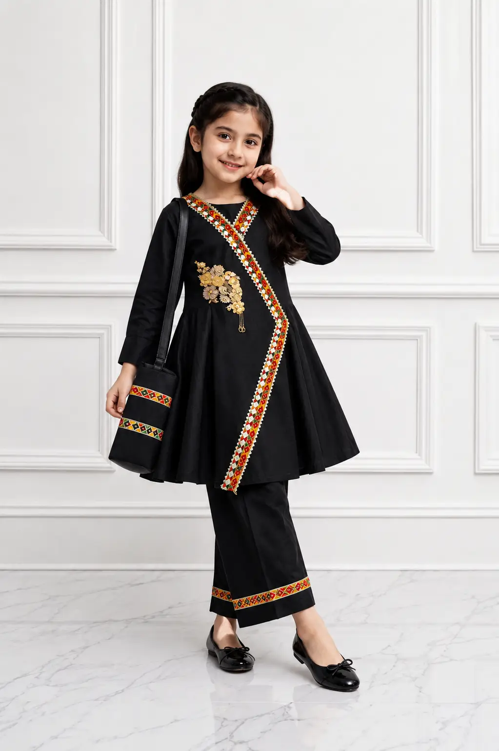 2 Pcs Girl's Cotton Embroidered Frock And Trouser Set