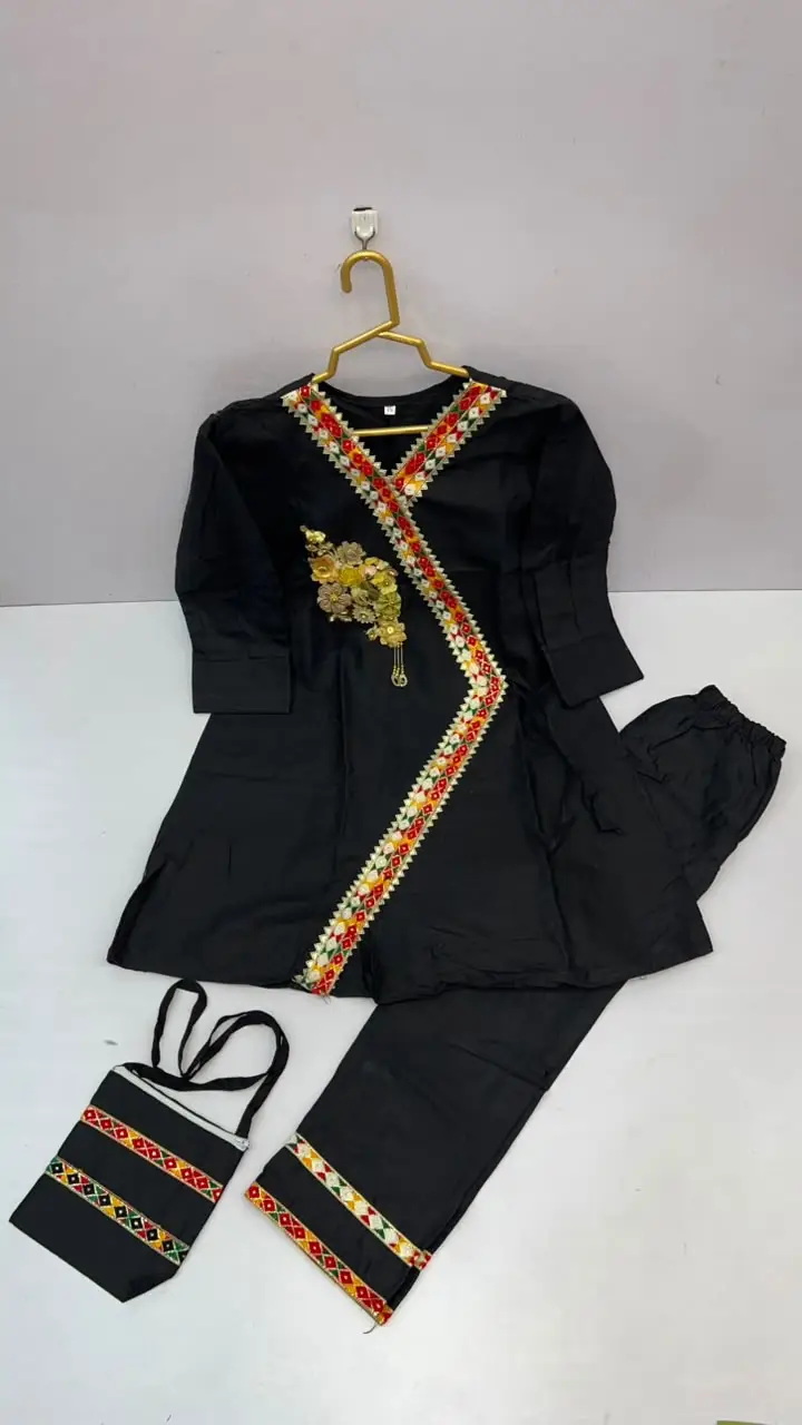 2 Pcs Girl's Cotton Embroidered Frock And Trouser Set