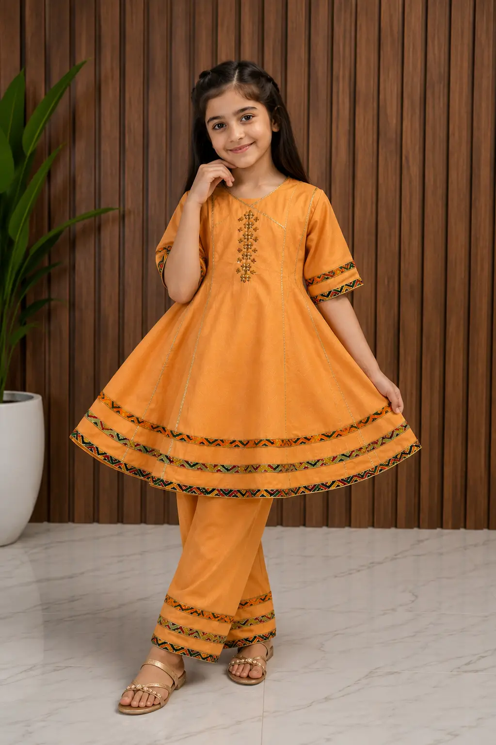 2 Pcs Girl's Cotton Embroidered Frock And Trouser Set