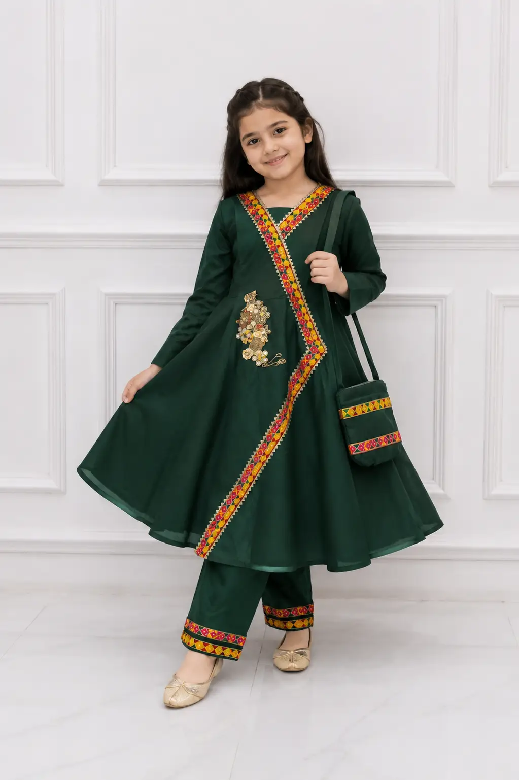 2 Pcs Girl's Cotton Embroidered Frock And Trouser Set