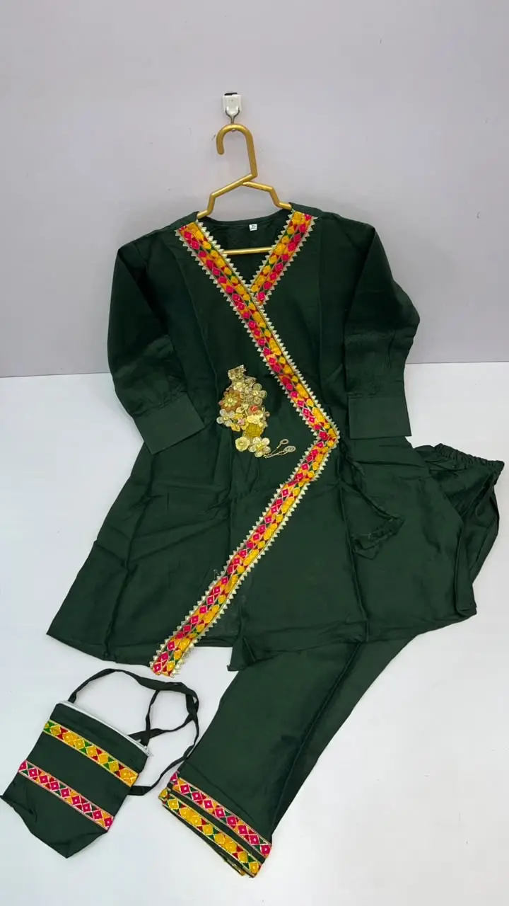 2 Pcs Girl's Cotton Embroidered Frock And Trouser Set