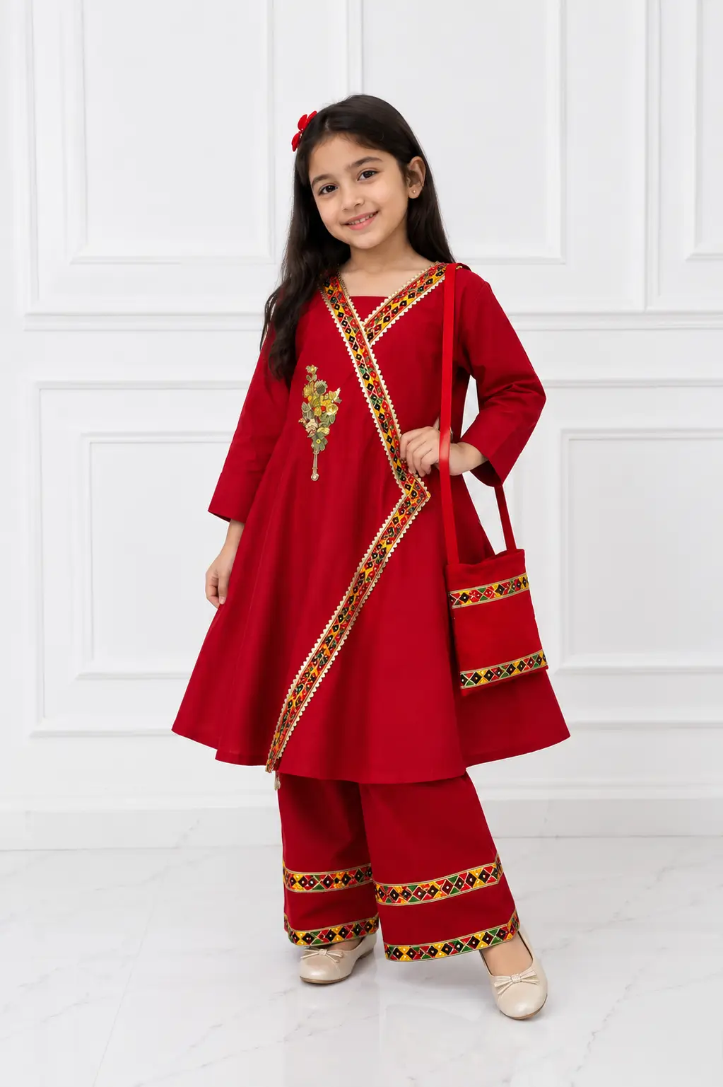 2 Pcs Girl's Cotton Embroidered Frock And Trouser Set