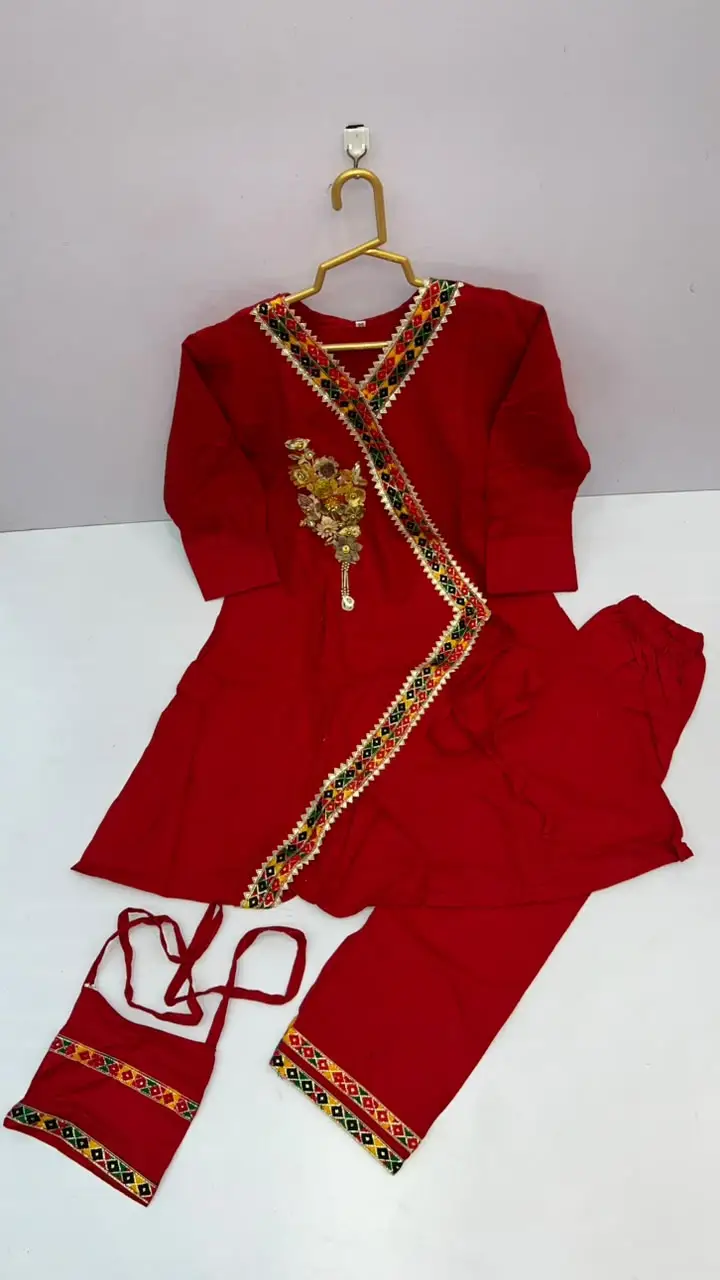 2 Pcs Girl's Cotton Embroidered Frock And Trouser Set