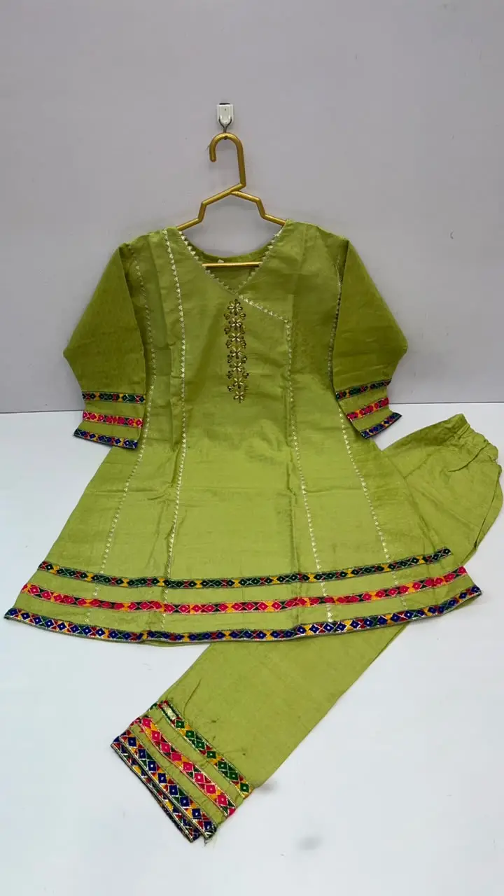 2 Pcs Girl's Cotton Embroidered Frock And Trouser Set