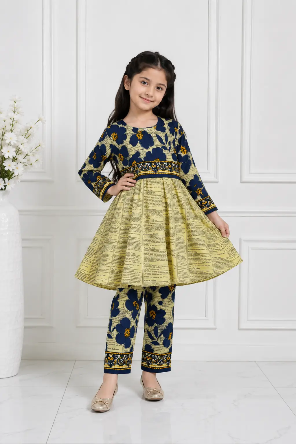 2 Pcs Girl's Linen Printed Frock And Trouser Set