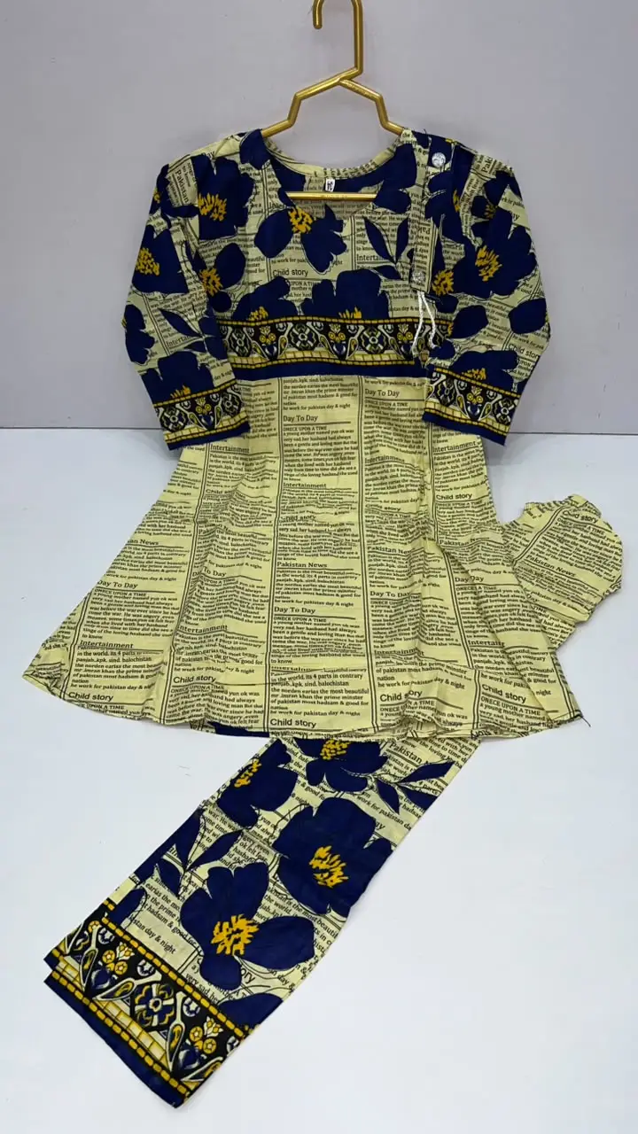 2 Pcs Girl's Linen Printed Frock And Trouser Set