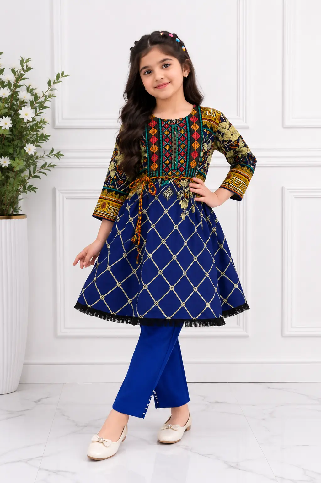 2 Pcs Girl's Linen Printed Frock And Trouser Set