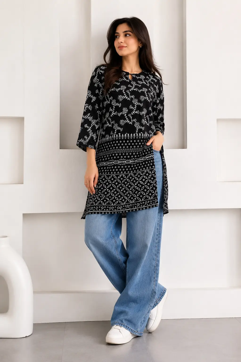1Pc Women's Stitched Linen Block Printed Shirt Black Special
