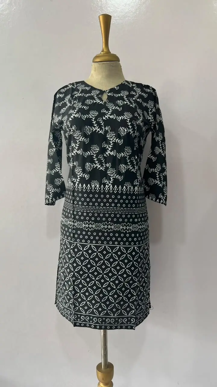 1Pc Women's Stitched Linen Block Printed Shirt Black Special