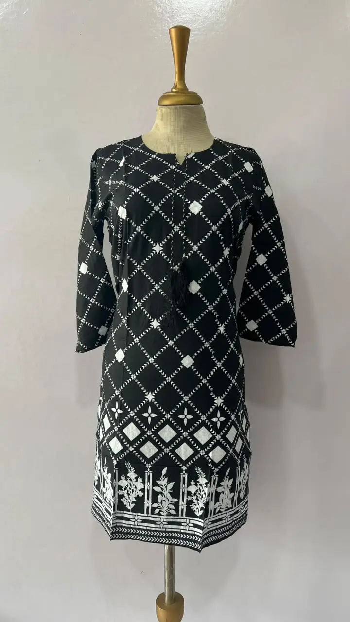 1Pc Women's Stitched Linen Block Printed Shirt Black Special