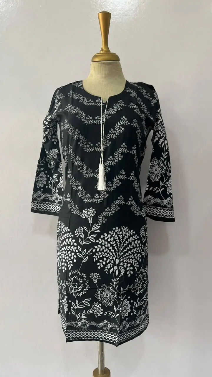 1Pc Women's Stitched Linen Block Printed Shirt Black Special