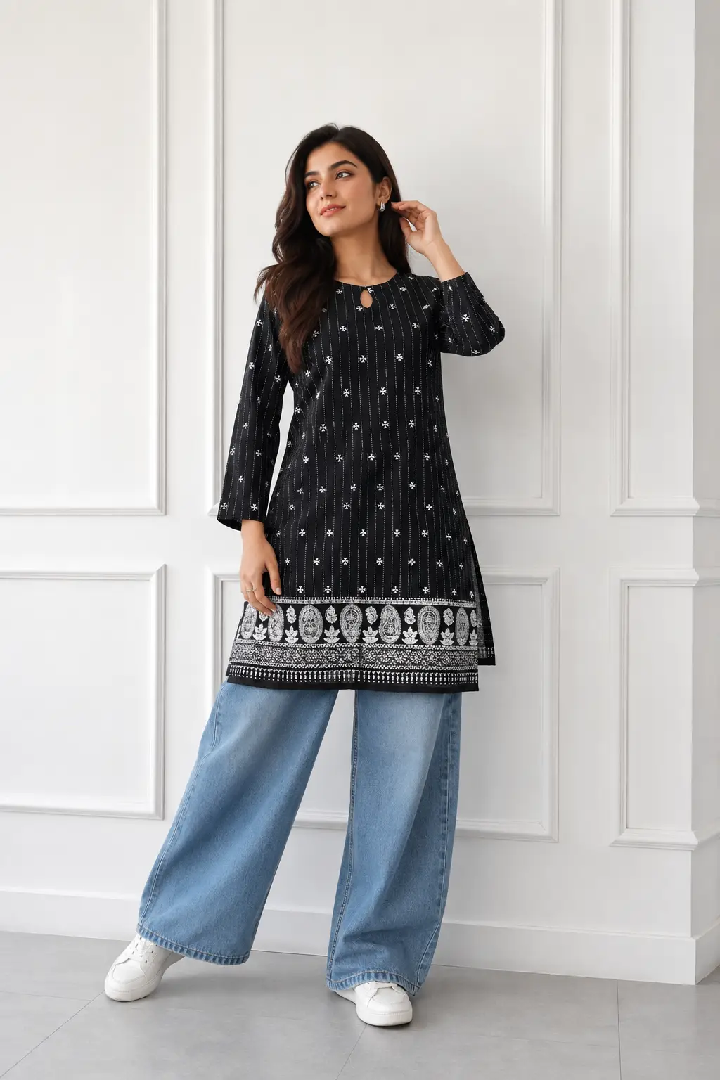 1Pc Women's Stitched Linen Block Printed Shirt Black Special