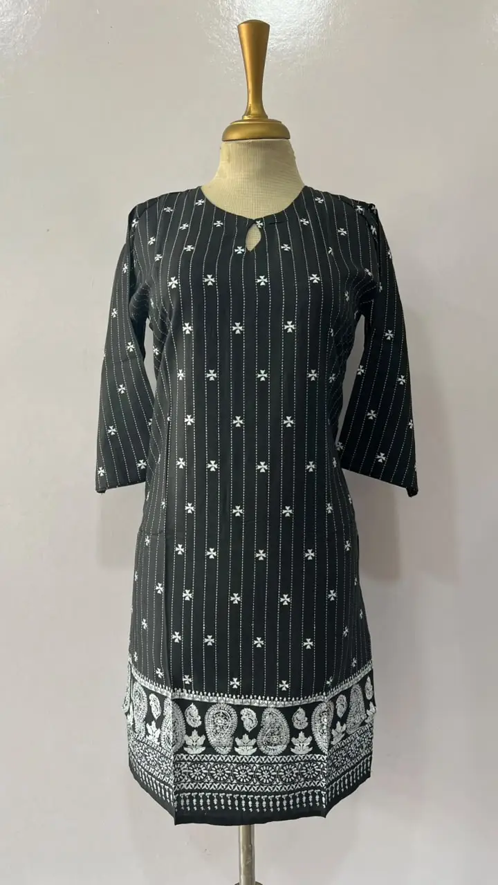 1Pc Women's Stitched Linen Block Printed Shirt Black Special