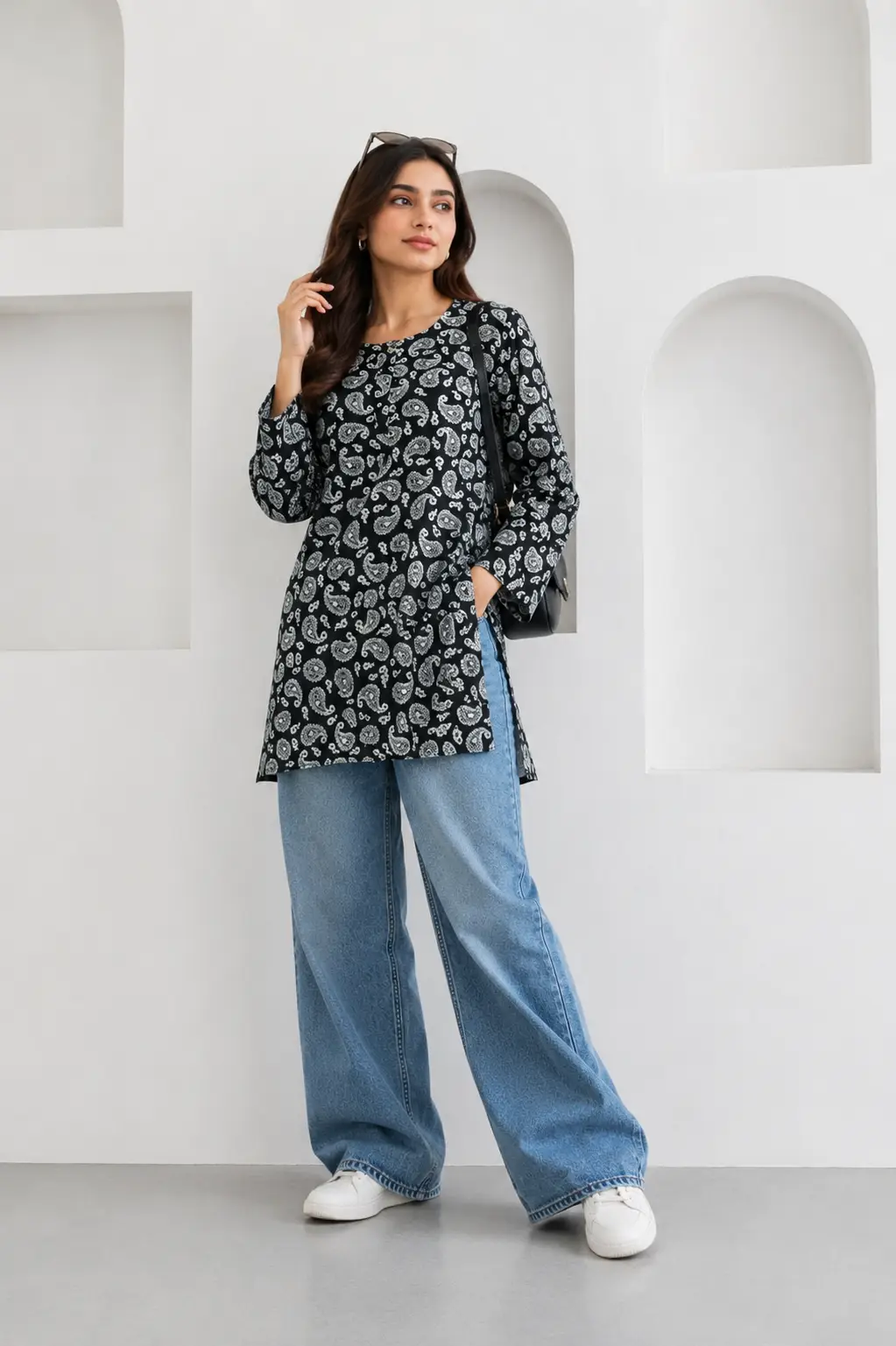 1Pc Women's Stitched Linen Block Printed Shirt Black Special