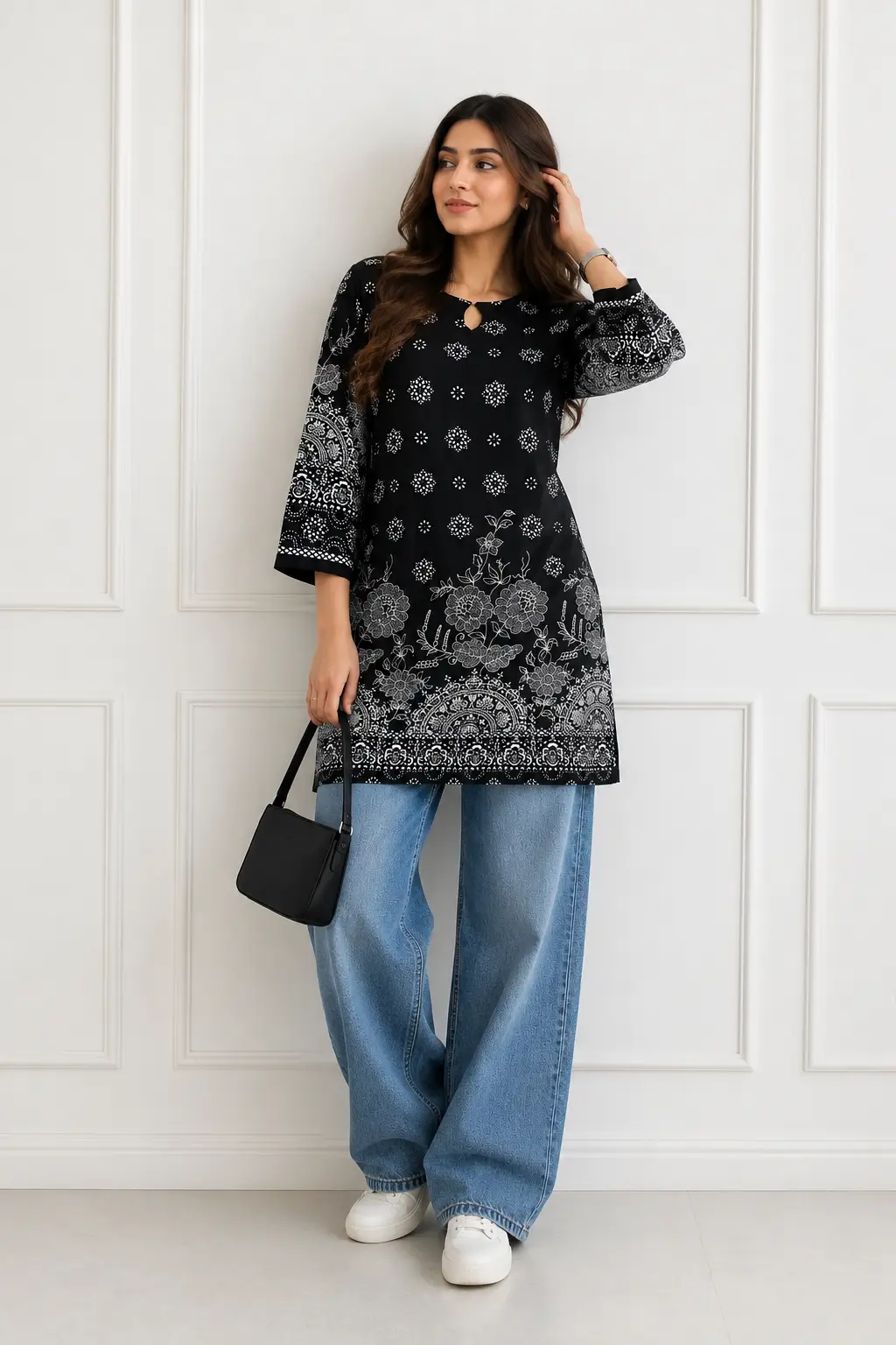 1Pc Women's Stitched Linen Block Printed Shirt Black Special