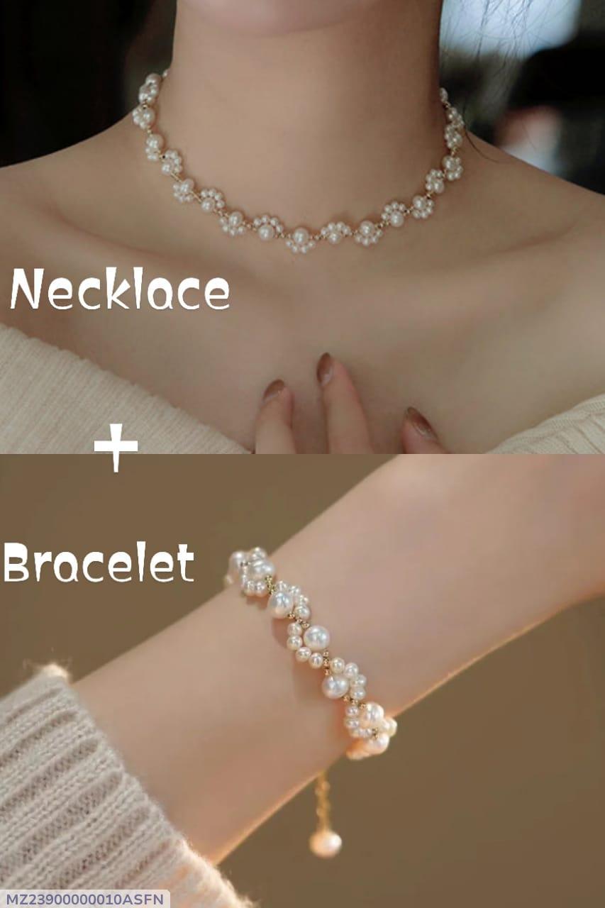 Gold Plated Pearl Necklace & Bracelet Set for Women