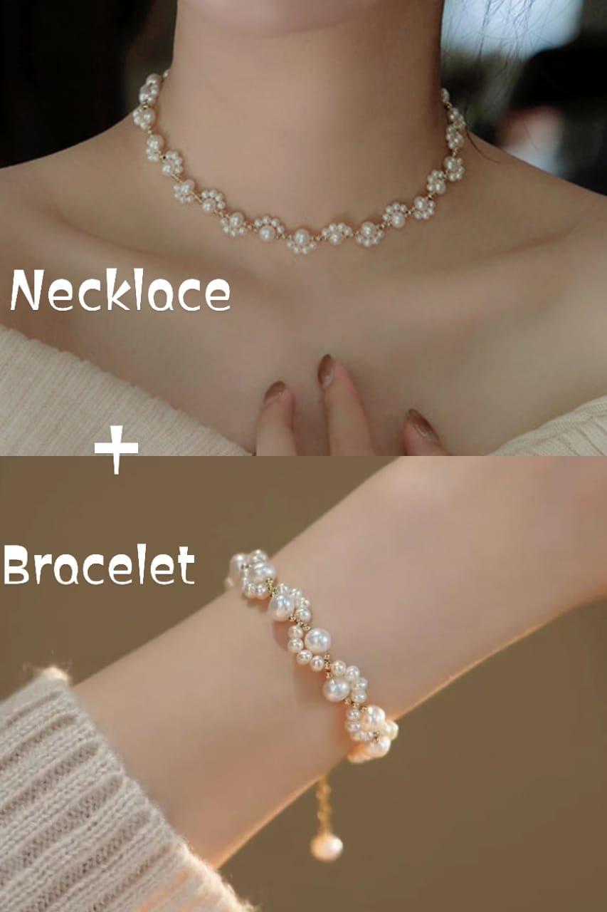 Gold Plated Pearl Necklace & Bracelet Set for Women