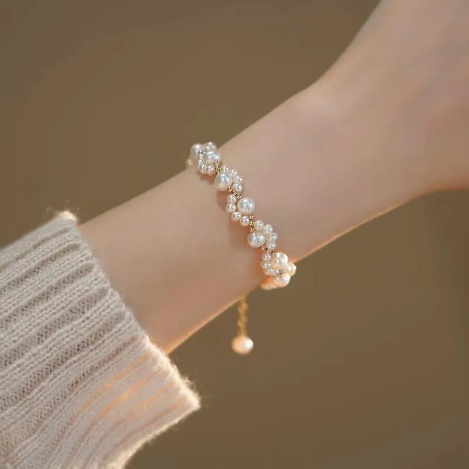 Gold Plated Pearl Necklace & Bracelet Set for Women