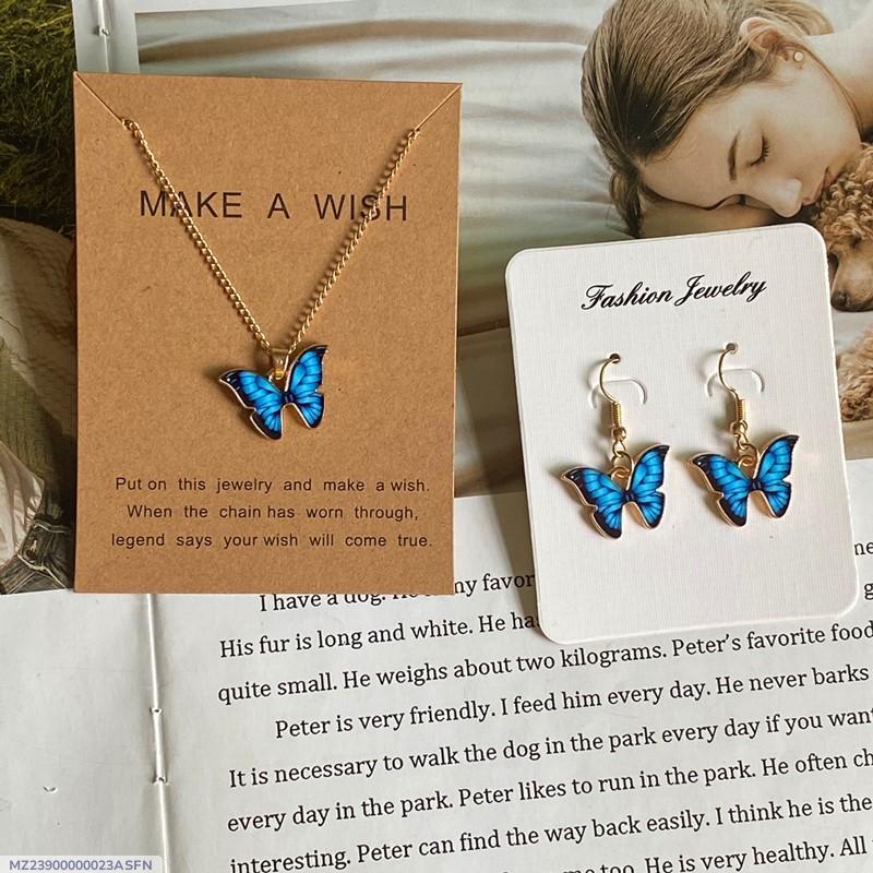 Blue Butterfly Jewelry Set for Women - Gold Plated, Lightweight, 3 Pcs