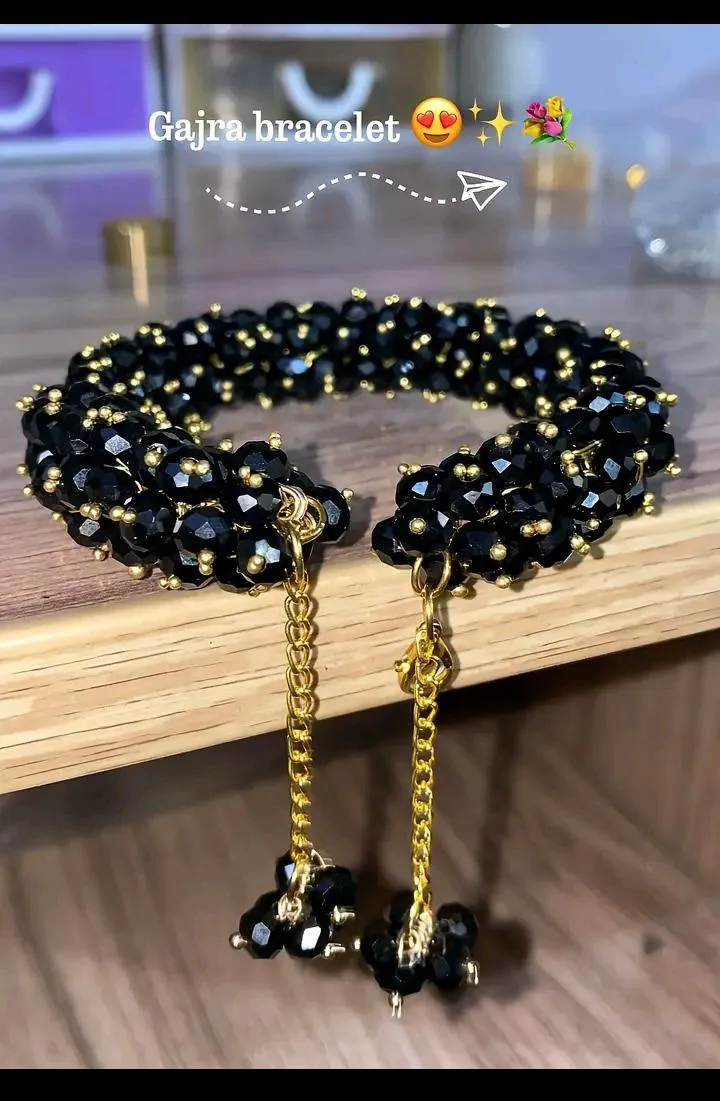 Black Crystal Gold Plated Gajra Bracelet for Women