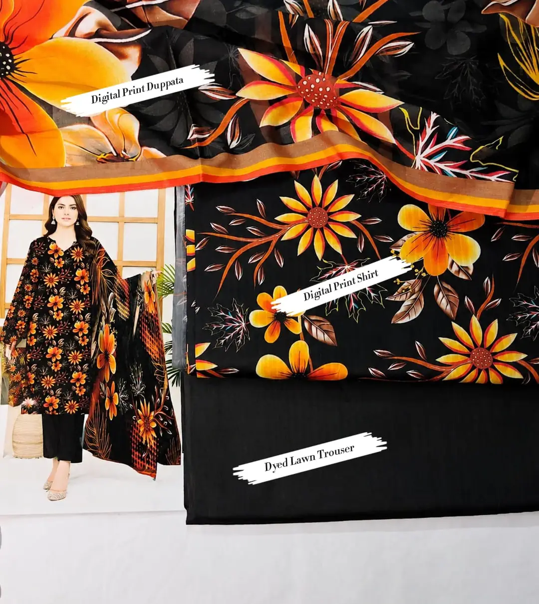 3 Pcs Fabric Lawn Unstitched Digital Print Suit for Women's