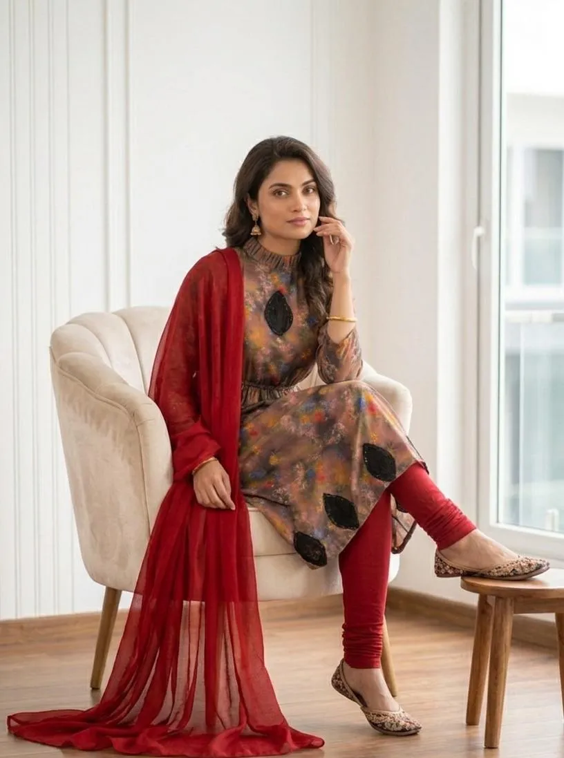 Pakistani Printed Kurta Set with Red Scarf & Pajama