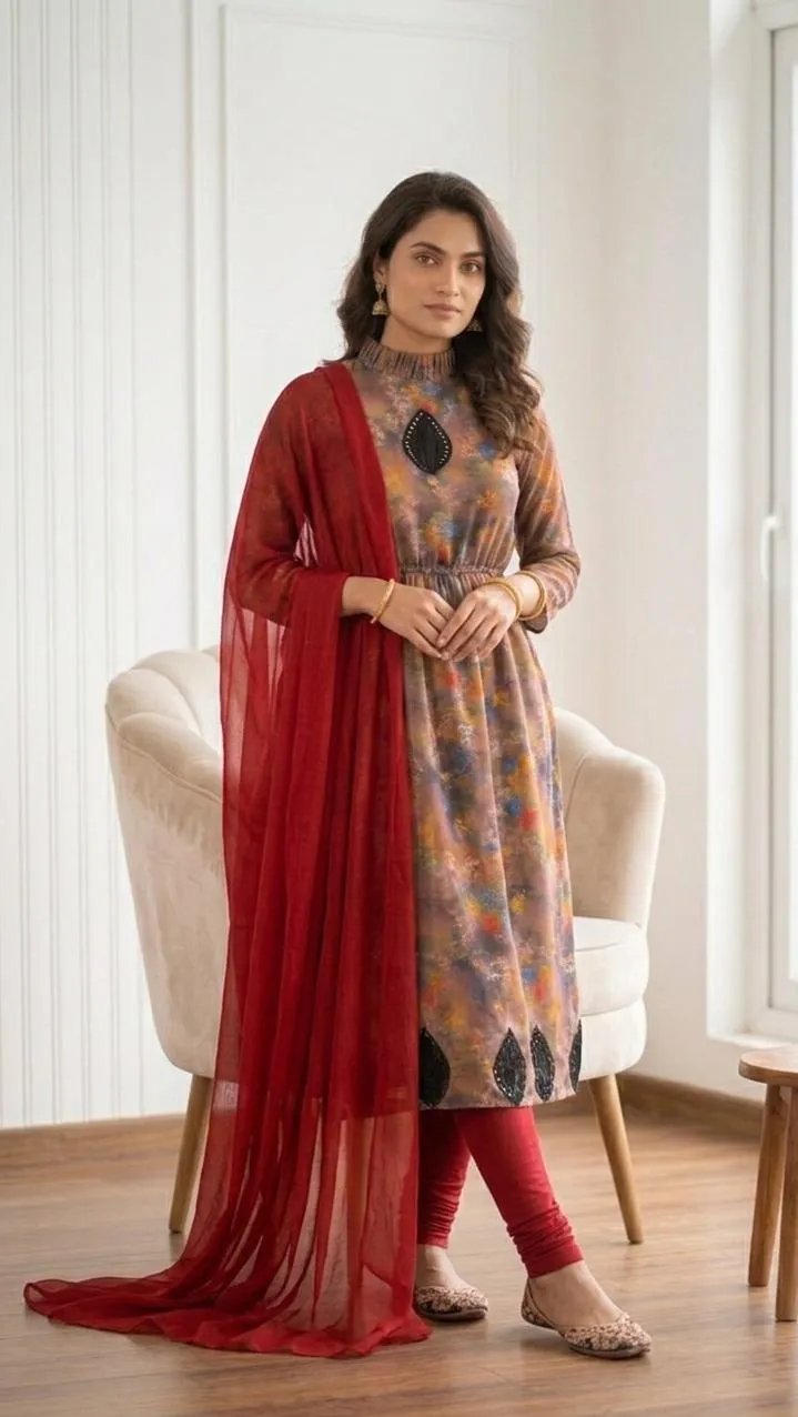 Pakistani Printed Kurta Set with Red Scarf & Pajama