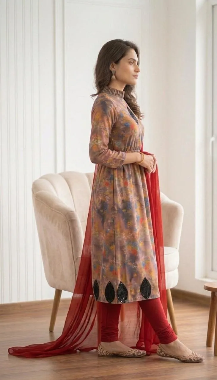 Pakistani Printed Kurta Set with Red Scarf & Pajama