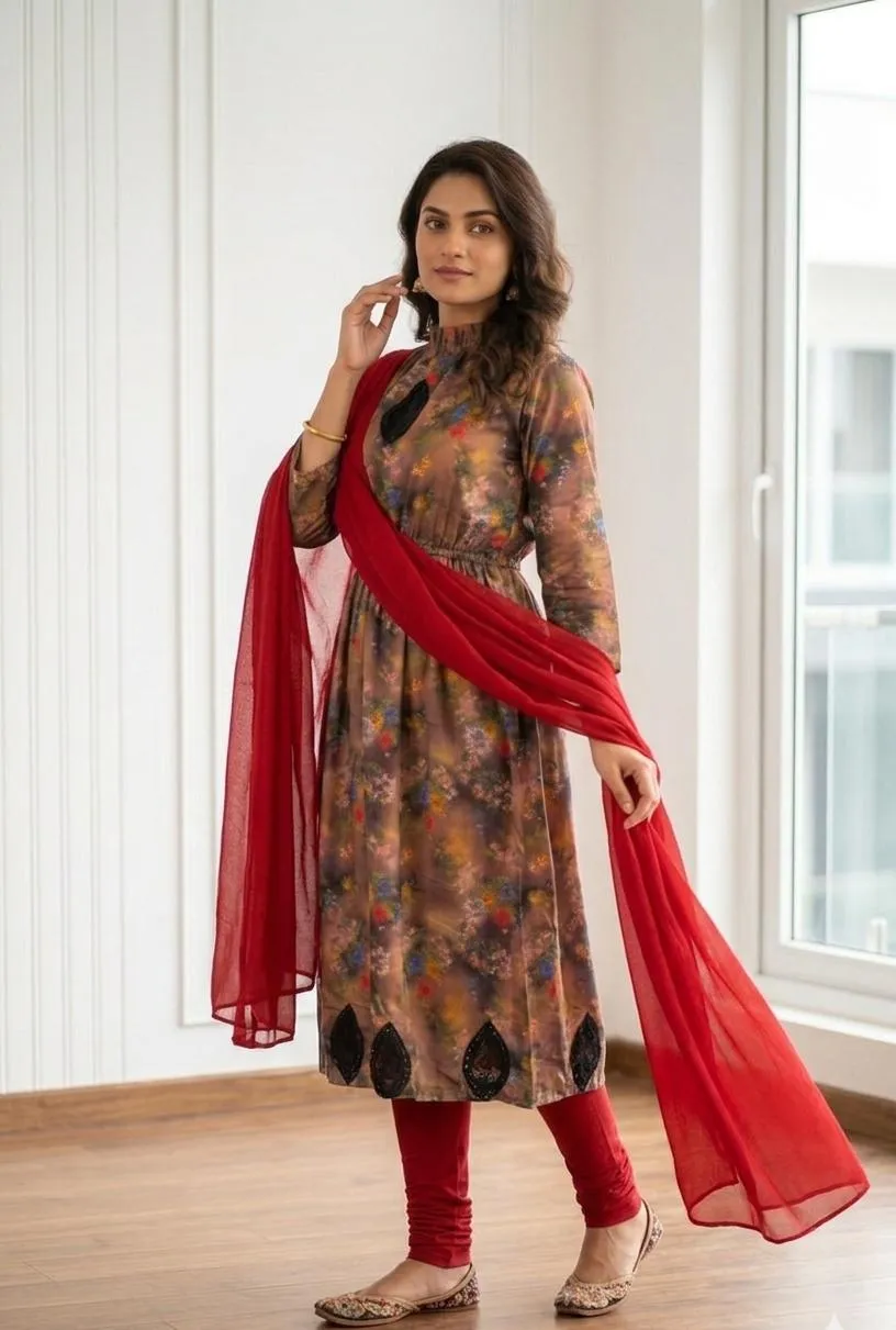 Pakistani Printed Kurta Set with Red Scarf & Pajama