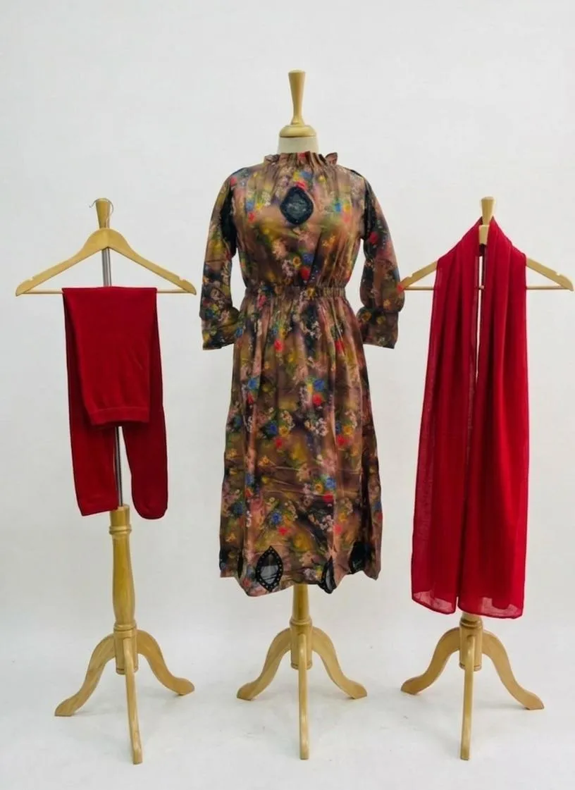 Pakistani Printed Kurta Set with Red Scarf & Pajama