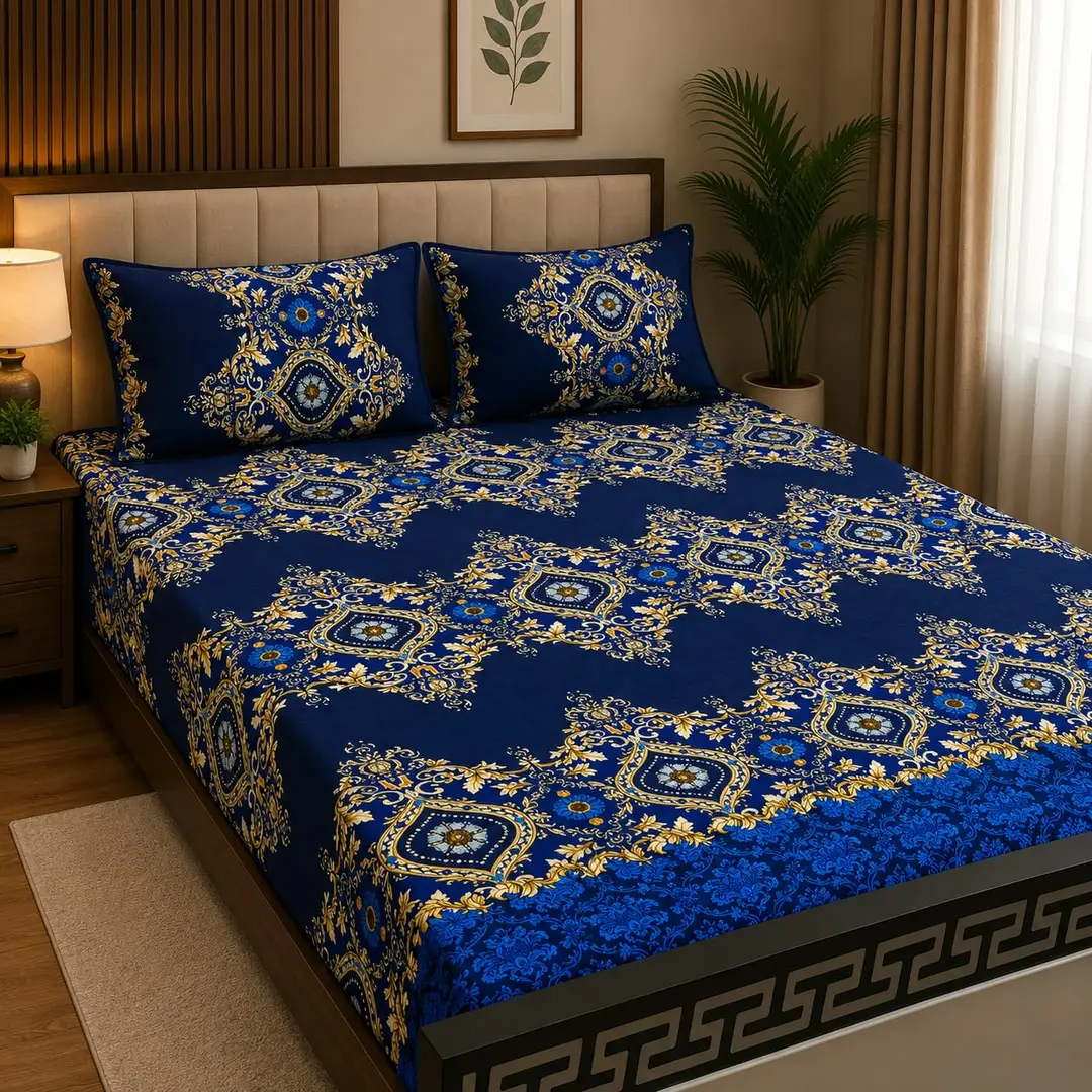 3 Pcs Crystal Cotton Printed Double Bedsheet