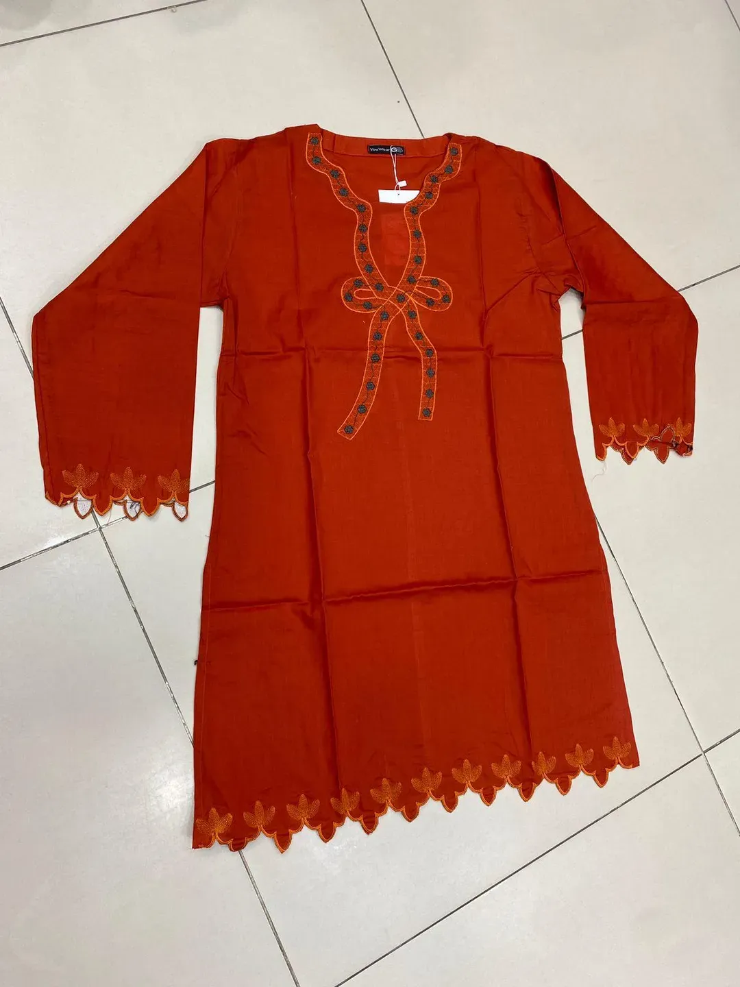 Orange Embroidered Swiss Lawn Kurta for Women Medium
