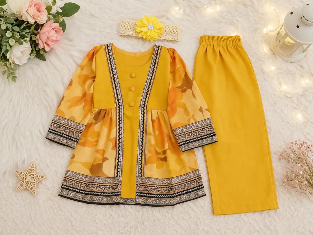 2 Pcs Girl's Lawn Printed Frock And Trouser Set