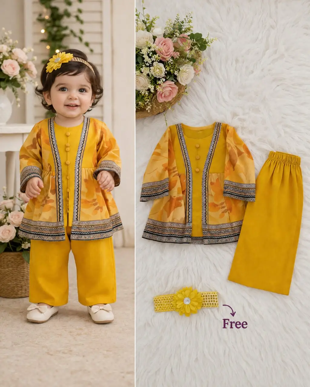 2 Pcs Girl's Lawn Printed Frock And Trouser Set