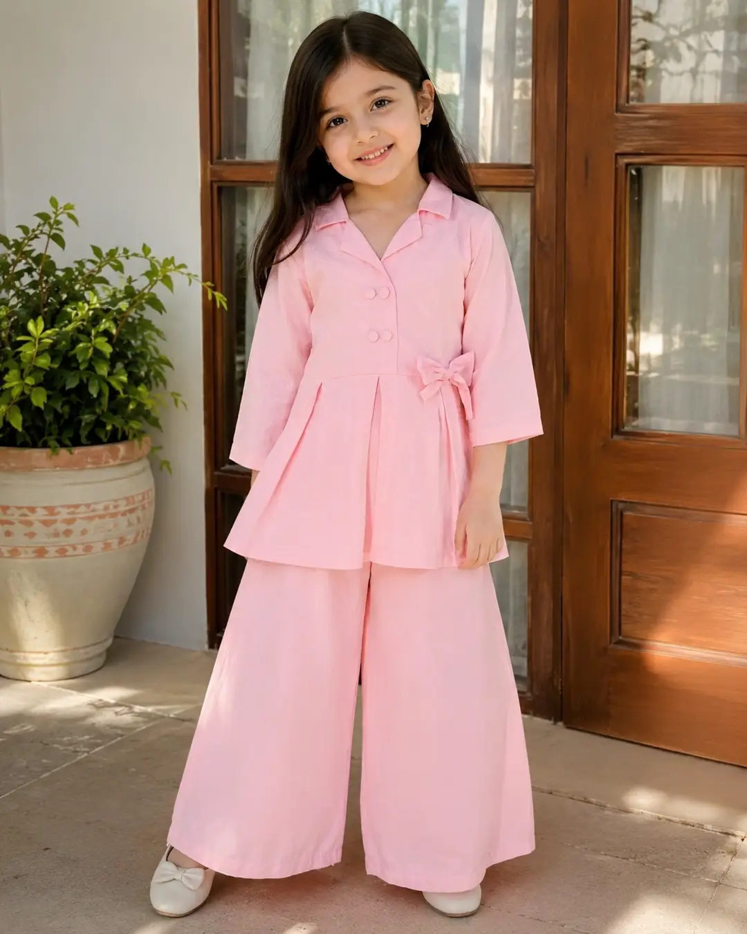 2 Pcs Girl's Lawn Plain Frock And Trouser Set