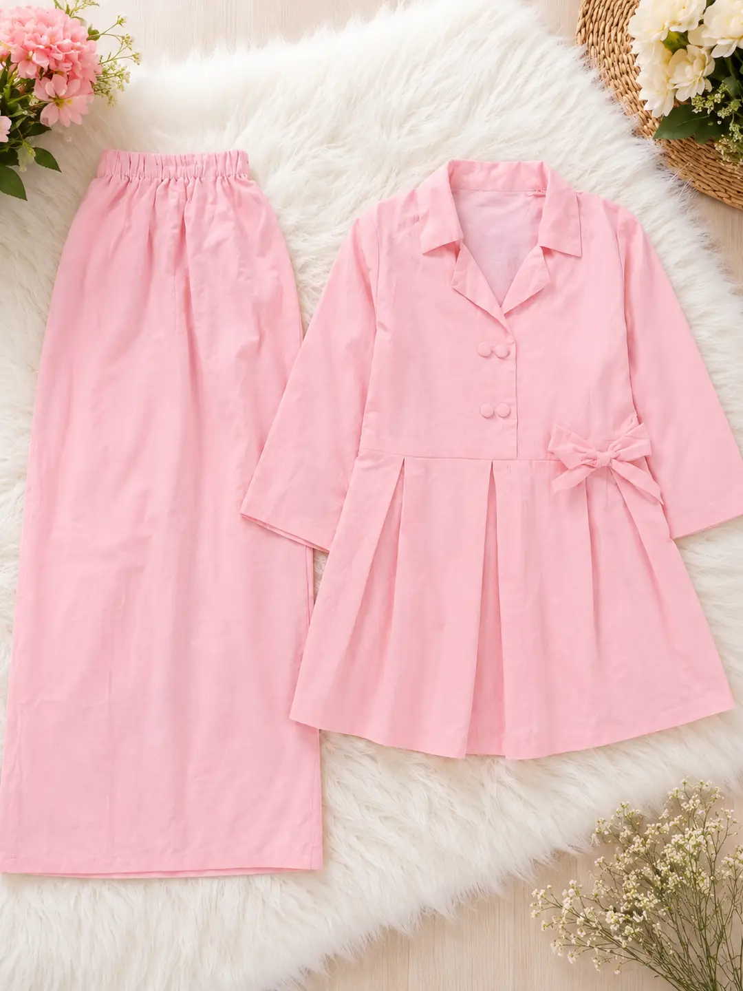 2 Pcs Girl's Lawn Plain Frock And Trouser Set