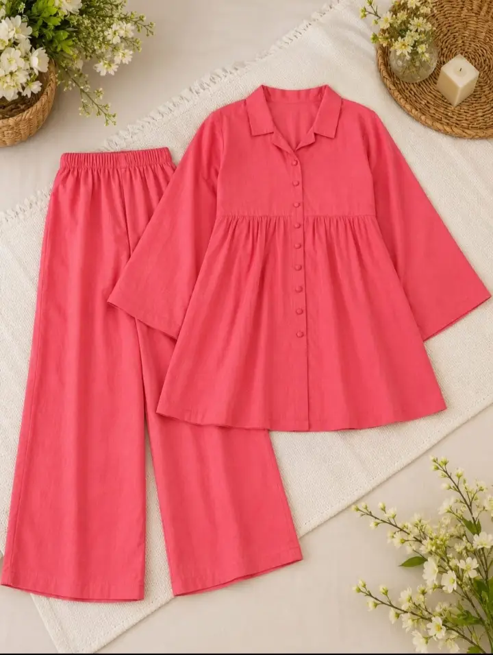 2 Pcs Girl's Lawn Plain Frock And Trouser Set
