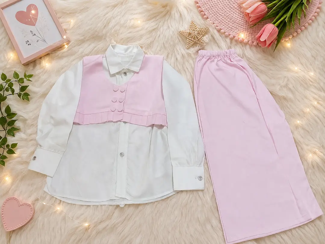 3 Pcs Girl's Lawn Plain Frock And Trouser Set