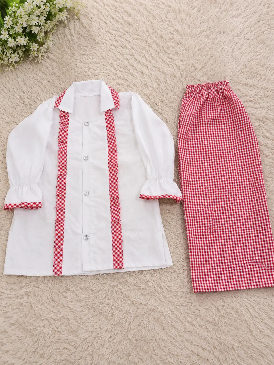 2 Pcs Girl's Cotton Printed Shirt And Trouser Suit