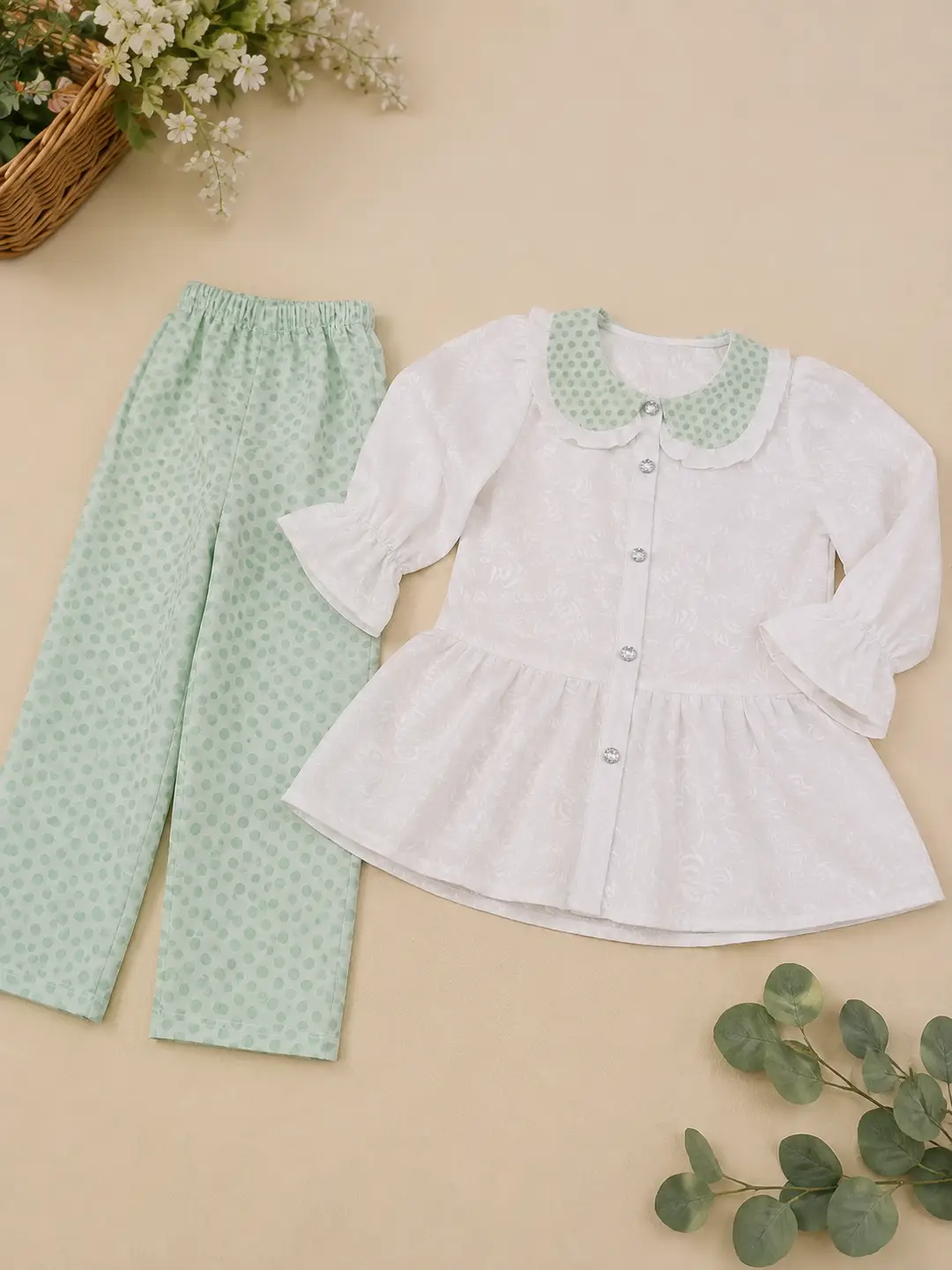 2 Pcs Girl's Cotton Printed Frock And Trouser Set
