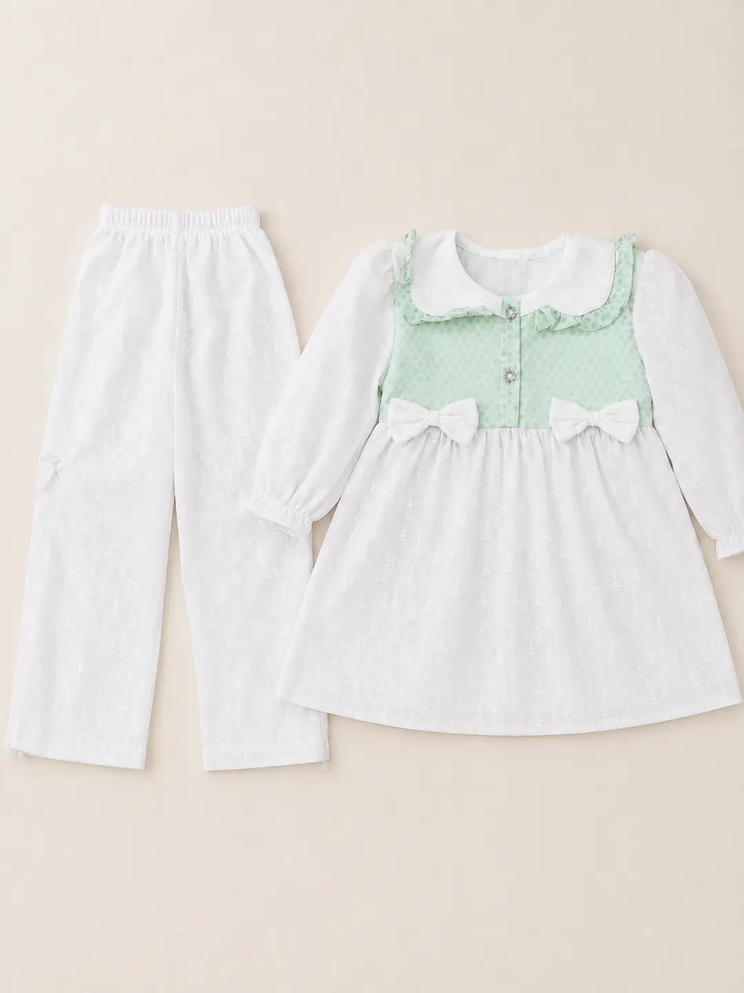 2 Pcs Girl's Cotton Printed Frock And Trouser Set