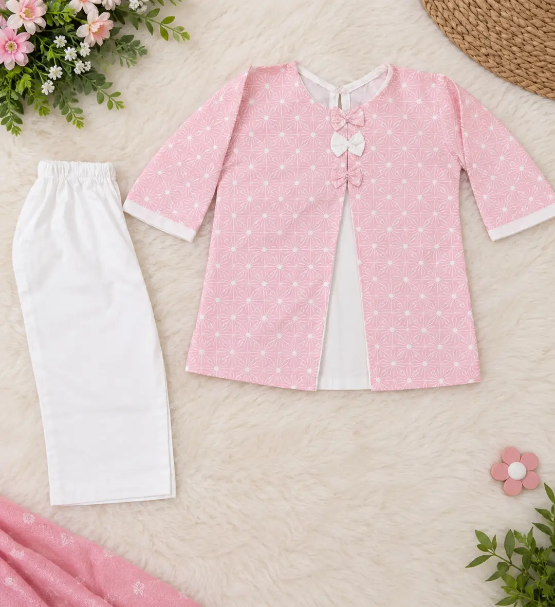 2 Pcs Girl's Cotton Printed Shirt And Trouser Suit