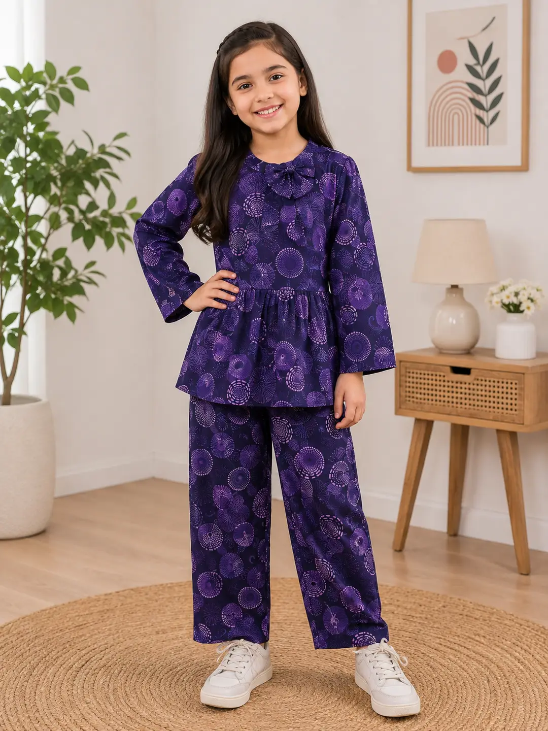 2 Pcs Girl's Cotton Printed Frock And Trouser Set