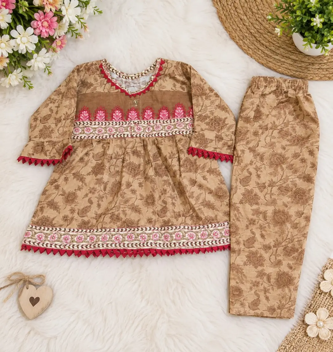 2 Pcs Girl's Khaddar Printed Frock And Trouser Set