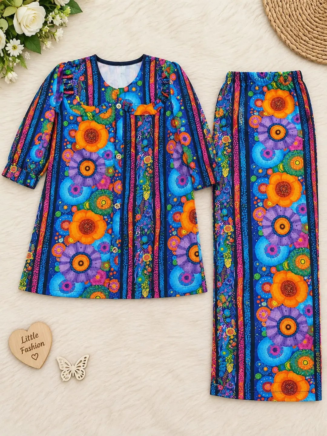 2 Pcs Girl's Cotton Printed Shirt And Trouser Suit