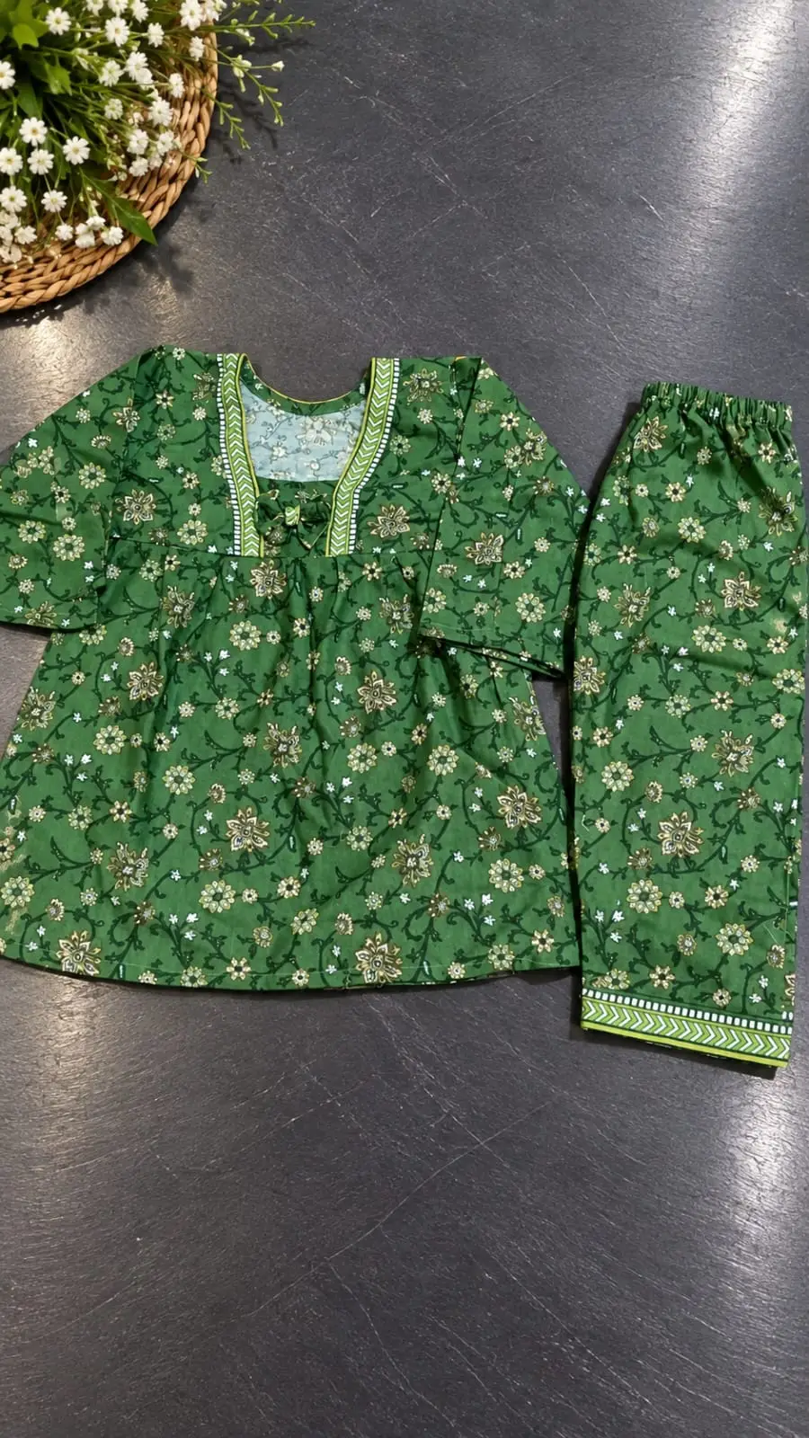 2 Pcs Girl's Khaddar Printed Frock And Trouser Set