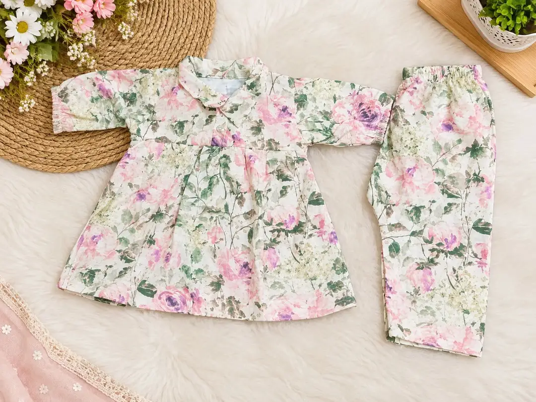 2 Pcs Girl's Khaddar Plain Frock And Trouser Set